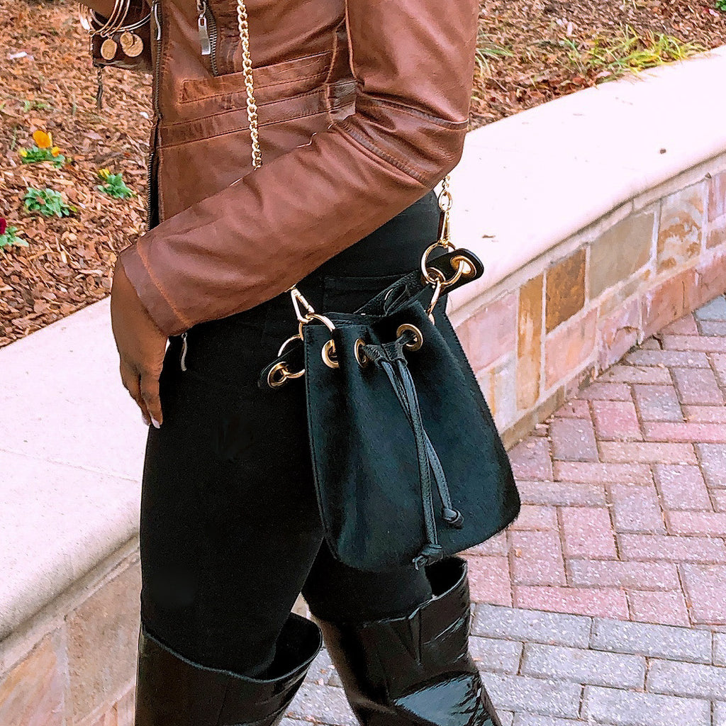 Black Leather Bucket Purse | SwansNature