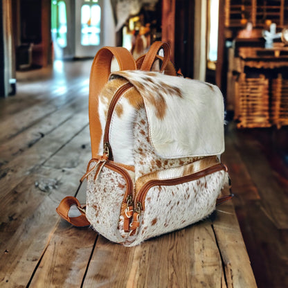 Cowhide Leather Backpack - Camel Spotted