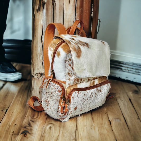 Cowhide Leather Backpack - Camel Spotted