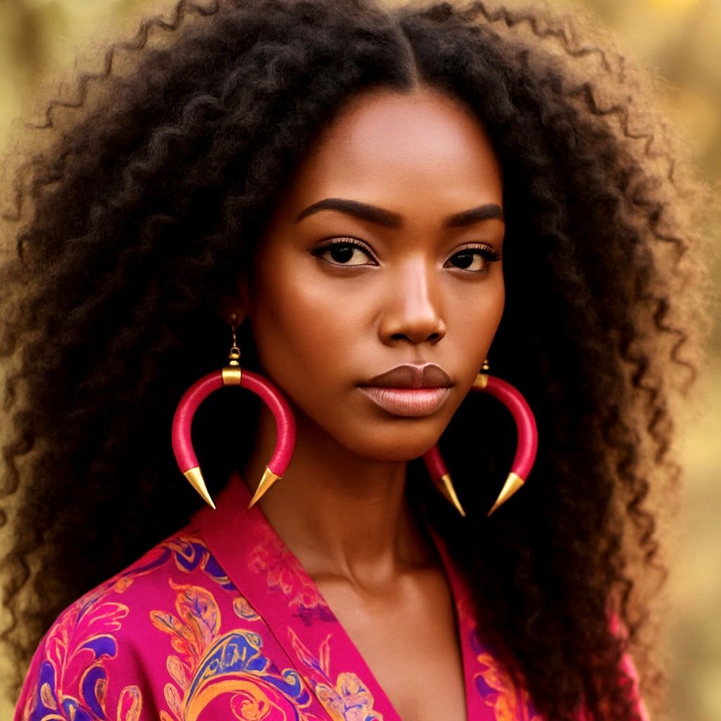Woman wearing large pink crescent shaped hoop earrings with gold accents against a blurred background  SwansNature Jewelry