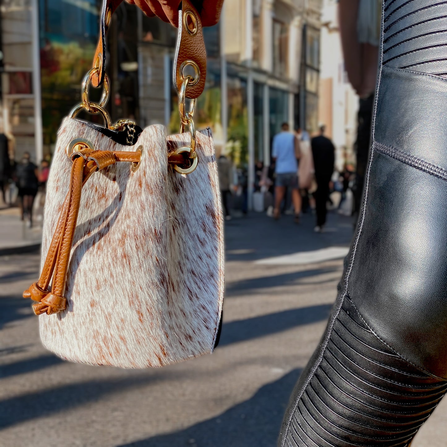 Spotted Brown Leather Bucket Purse | SwansNature